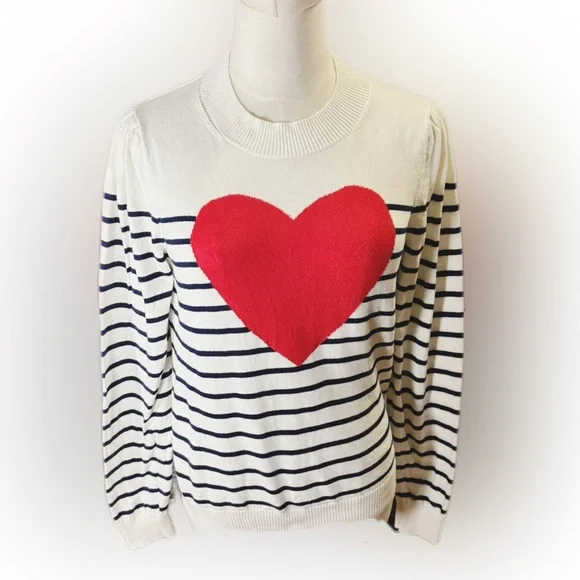 J. Crew Women's Small Puff-Sleeve Heart Sweater Ivory Navy Stripe EUC - Picture 3 of 8